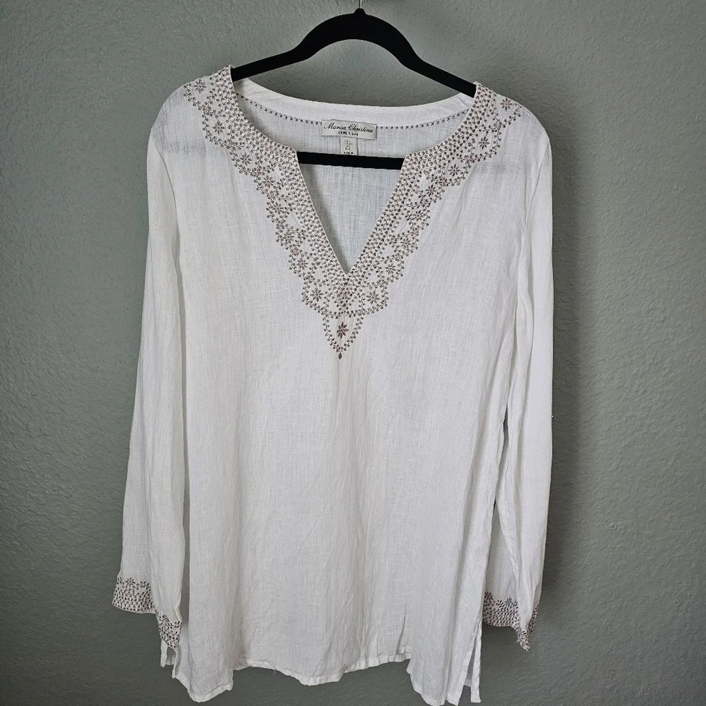 Marisa Christina White Linen Tunic Top Embroidered Size L - Picture 1 of 7